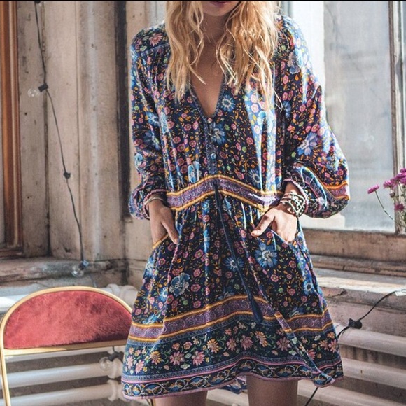 Navy Floral Longsleeve DRESS Tunic Playdress Folk - Picture 2 of 5